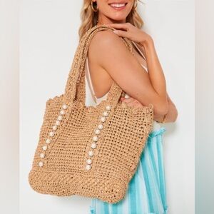NWOT BTB Los Angeles Woven Straw Sand Lisbeth Pearl Tote